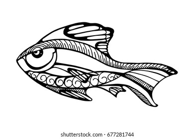 Insidious fish with curls and stripes on the body. Black and white graphics isolated on a white background.