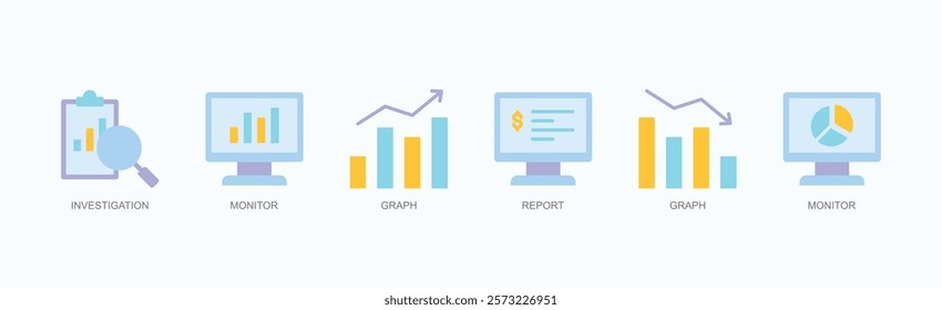 Insight And Analysis Icon Set Icon Set Isolated Vector Illustration Concept With Icon Of Investigation, Monitor, Graph, Report, Graph, Monitor In Flat Style