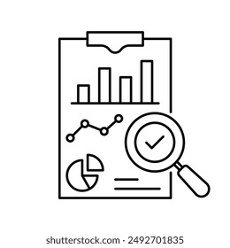 insight or assesment icon like kpi metric. outline stroke design or simple graphic validate doc logotype element for business or web. concept of violating search or regulation process or finance model