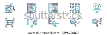 Insight, Correlation, Regression, Cluster Analysis, Classification, Detection, Data Aggregation, Descriptive Analytics, Prescriptive Analytics, Analysis Blue Outline Icon Set Vector Illustration.