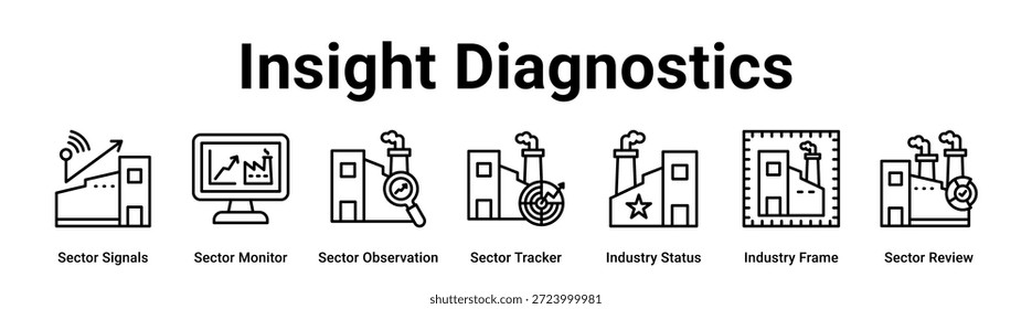 Concepto de Ilustración vectorial de ícono de Anuncio de Web de Insight Diagnostics para la industria con ícono de señales sectoriales, Monitor de sector, Observación de sector, Rastreador de sector, Estado de industria, Marco de industria.