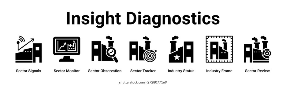 Concepto de Ilustración vectorial de ícono de Anuncio de Web de Insight Diagnostics para la industria con ícono de señales sectoriales, Monitor de sector, Observación de sector, Rastreador de sector, Estado de industria, Marco de industria.