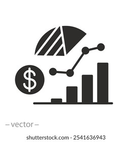 Datos financieros, Icono de estadísticas de negocio de análisis, Panorama económico, Riesgo y resultado, Ilustración vectorial plana