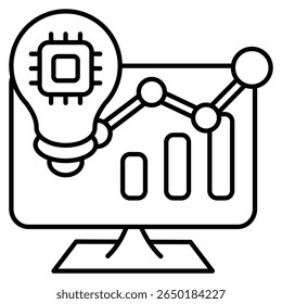 Ícone do gerador de ideias representado por lâmpada, monitor, estilo de linha de gráfico.