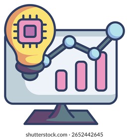 Ícone do gerador de ideias representado pela lâmpada, monitor, estilo de cor linear do gráfico.