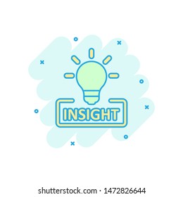 Insight icon in comic style. Bulb vector cartoon illustration on white isolated background. Idea business concept splash effect.