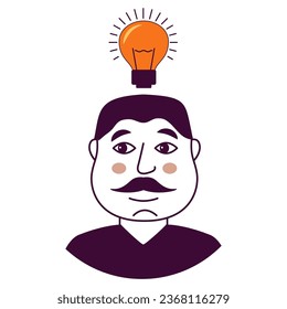 Insight icon.Guy happy with great idea.Having brilliant idea.Came up with the idea of a light bulb.Scientists or genius.Doodle sketch style vector illustration.
