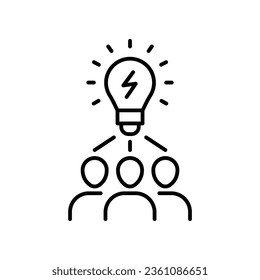Icono de perspicacia. Estilo de contorno simple. Grupo de personas y bombilla, comunidad, socio, equipo, lluvia de ideas, persona, idea, entrenamiento, concepto creativo. Símbolo de línea delgada. Ilustración vectorial aislada.