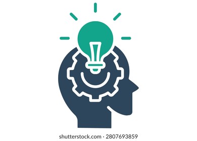 Insight icon. solid icon style. of a human head containing a dark blue gear and a bright green, glowing lightbulb sitting on top of the head