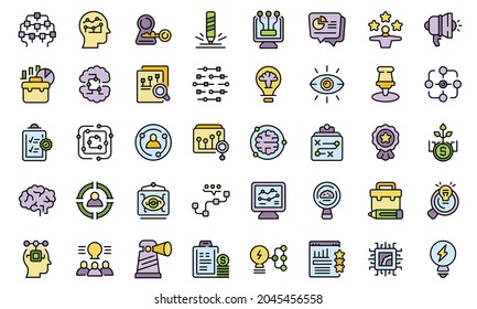 Insight icons set outline vector. Generation brainstorm. Curiosity problem color flat