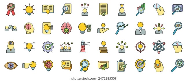 Insight icons set outline vector. Problem generation. Brainstorm mind thin line color flat on white