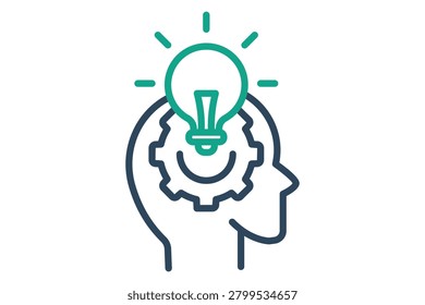 Insight line icon. of a human head containing a dark blue gear and a bright green, glowing lightbulb sitting on top of the head