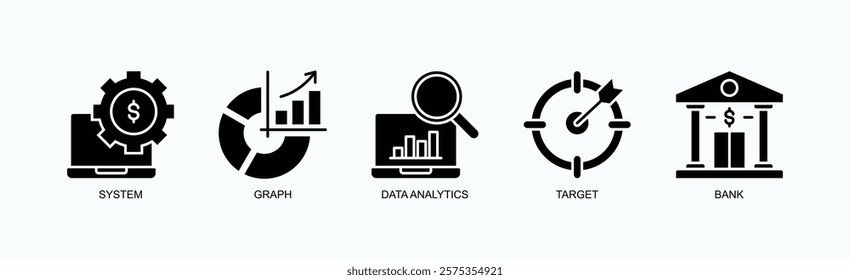 Insight Nexus Icon Set Isolated Vector With Icon Of System, Graph, Data Analytics, Target, Bank In Glyph Style