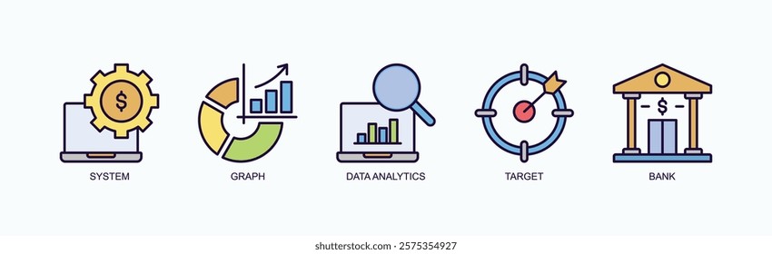 Insight Nexus Icon Set Isolated Vector With Icon Of System, Graph, Data Analytics, Target, Bank In Outline Color Style