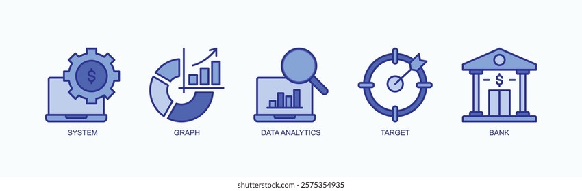 Insight Nexus Icon Set Isolated Vector With Icon Of System, Graph, Data Analytics, Target, Bank In Blue Style