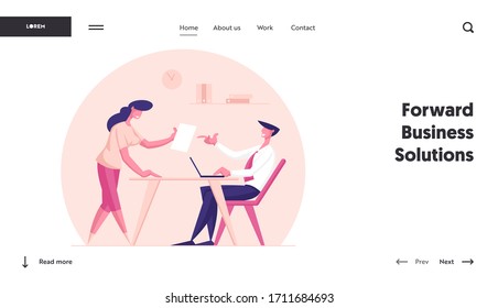 Insight, Project Development Landing Page Template. .Creative Businesswoman Character Share Good Idea with Business Man Boss or Partner Sitting at Table with Laptop. Cartoon People Vector Illustration