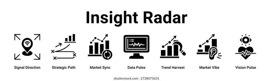 Insight Radar Web-Banner-Symbol Vektorgrafik-Konzept für Unternehmen mit Symbol für Signalrichtung, Strategic Path, Market Sync, Data Pulse, Trend Harvest, Market Vibe.