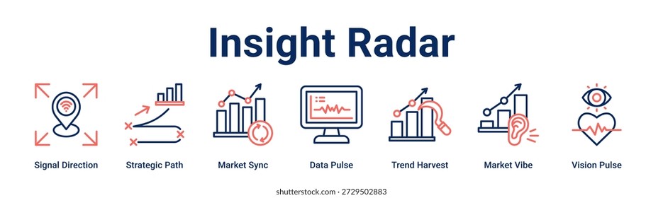 Insight Radar Web-Banner-Symbol Vektorgrafik-Konzept für Unternehmen mit Symbol für Signalrichtung, Strategic Path, Market Sync, Data Pulse, Trend Harvest, Market Vibe.