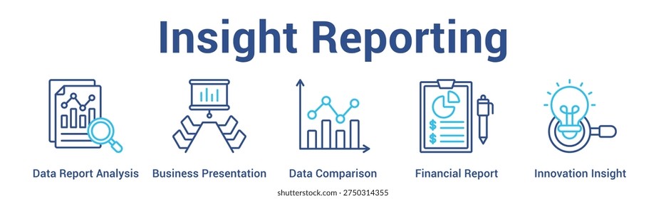 Insight Reporting web banner icon set vector illustration concept for business with icon of Data Report Analysis, Business Presentation, Data Comparison, Financial Repo.
