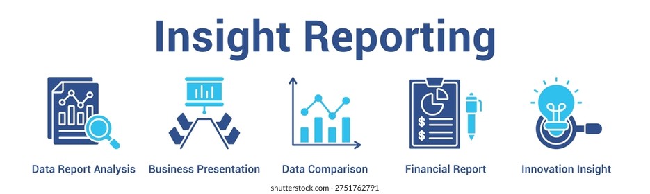 Insight Reporting web banner icon set vector illustration concept for business with icon of Data Report Analysis, Business Presentation, Data Comparison, Financial Repo.