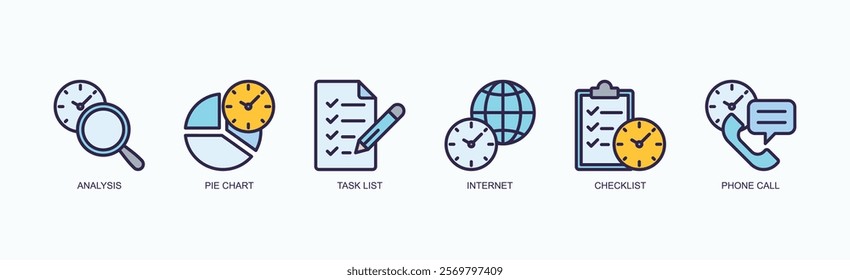 Insight Task Network Icon Set Isolated Vector Illustration Concept With Icon Of Analysis, Pie Chart, Task List, Internet, Checklist, Phone Call In Outline Color Style