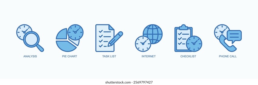 Insight Task Network Icon Set Isolated Vector Illustration Concept With Icon Of Analysis, Pie Chart, Task List, Internet, Checklist, Phone Call In Blue Style