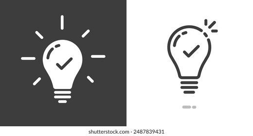 Conjunto gráfico simple del pictograma del Vector del icono de la bombilla de la punta de Insight, símbolo del arte del trazo del contorno de la línea de hechos inteligente, bombilla importante de la información con la marca de verificación, arte experto del Clip de la Imagen de la señal de la solución de la idea
