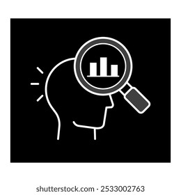 Insightful Analysis Icon – A Head with a Magnifying Glass and Bar Chart, Highlighting Detailed Examination and Data-Driven Thinking
