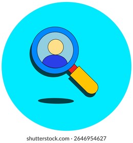 Insightful icon: magnifying glass over person. Perfect for recruitment, talent search, HR, and employment services. Conveys careful candidate selection and finding the right fit. Clean vector design.