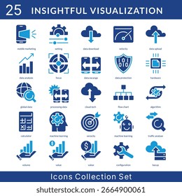 Insightful Visualization Icon Set-Kollektion im Stil einer durchgezogenen Glyphe. ein Icon-Paket enthält Rechner, Einstellung, Datendownload, Geschwindigkeit, Cloud Tech, Datenanalyse, Fokus, Datenaustausch