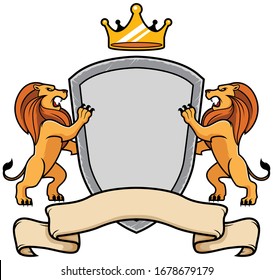 Insignia with 2 lions holding shield with crown on top and ribbon below.