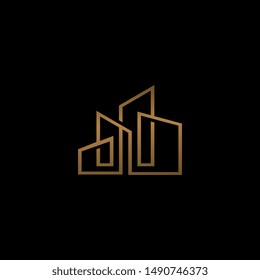 Insignia branding symbol of building architecture icon logo template for company emblem. Real estate creative line art gold on black background.