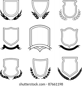 Insignia designs set - shields, laurel wreaths and ribbons. Vector illustrations isolated on white background