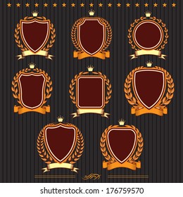 Insignia designs set vector shields, laurel wreaths and ribbons