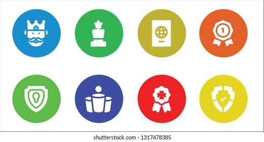 insignia icon set. 8 filled insignia icons.  Simple modern icons about  - King, Shield, Award, Beer pong, Passport, Badge, Insignia