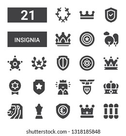 insignia icon set. Collection of 21 filled insignia icons included Cottons, Crown, Shield, Queen, Lion, Lazio, Badge, Laurel, Sheriff, Nature