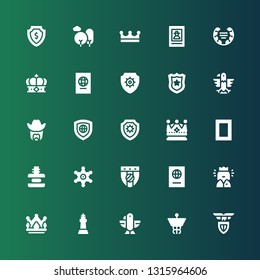 insignia icon set. Collection of 25 filled insignia icons included Lazio, Caduceus, Eagle, King, Crown, Queen, Passport, Badge, Sheriff, Force, National geographic, Shield, Police badge
