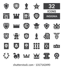 insignia icon set. Collection of 32 filled insignia icons included Badge, Leather, Crown, Nature, Laurel, Wanted, Cottons, Passport, Antivirus, Lazio, Lion, King, Shield, Queen