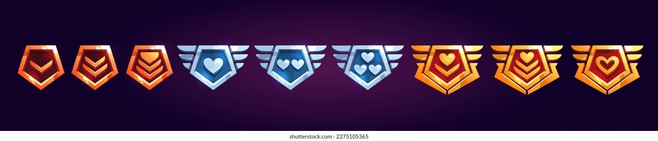 Insignia military game love rank badge with heart set. Isolated cartoon level award icon silver, bronze and gold. 3d png achievement trophy. Glow emblem for rating soldier vector illustration.