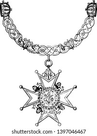 Die Insignien des Ordens des Bath bestehen aus neun kaiserlichen Kronen, die Vintage-Linie zeichnen oder Graviergrafiken zeigen.