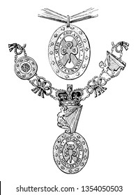 Insignia of the Order of St. Patrick is worn over the right shoulder vintage line drawing or engraving illustration.