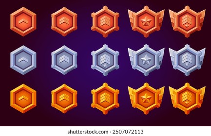 Insignia rank badges. Realistic vector of silver, bronze, gold hexagon with wings, spikes, stars, level progress symbol. Flat design. Metallic style.