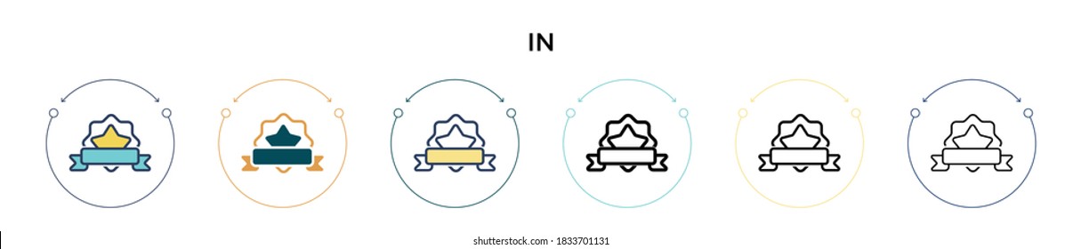 Icono de insignia y cinta en estilo relleno, delgado, contorno y trazo. Ilustración vectorial de dos insignias coloreadas y negras e iconos vectoriales de cinta pueden utilizarse para móviles, ui, web