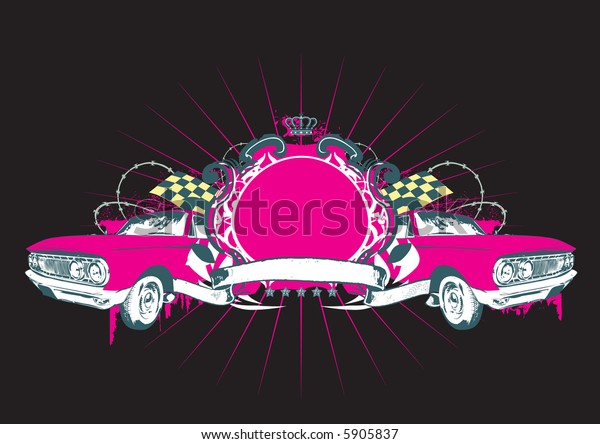 Insignia - two retro cars\
with banner.  Blank so you can add your own images.  Vector\
illustration