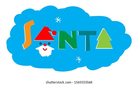 Insignment  "Santa". Design  for print with lettering, Santa and Christmas tree. Paper cutouts design. Could be used for banner, poster, t shirt, mug, web blog, etc.