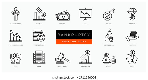 Insolvency, Bankruptcy and finance icon set - minimal thin outline, web icon and symbol collection – crisis, financial, business, finance, money, inflation, crash, Simple edgy vector illustration.