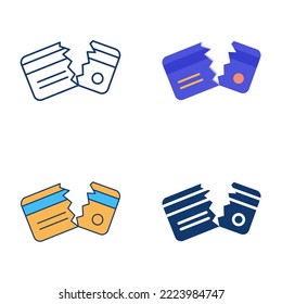 Icono de concepto de insolvencia establecido en estilo plano y línea. Símbolo de tarjeta de crédito rota. Ilustración vectorial.
