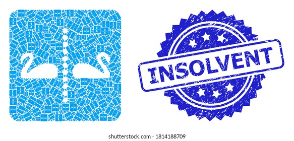 Insolvent dirty stamp seal and vector recursive mosaic separate swans. Blue stamp seal includes Insolvent caption inside rosette.