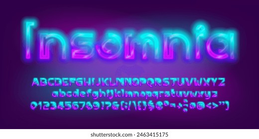 Insomnia alphabet font. Two neon color futuristic letters and numbers. Stock vector typescript for your design.