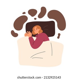 Insomnia and anxiety concept. Sleepless person in stress in bed. Depressed anxious woman with psychology problem cannot sleep. Sleeplessness. Flat vector illustration isolated on white background